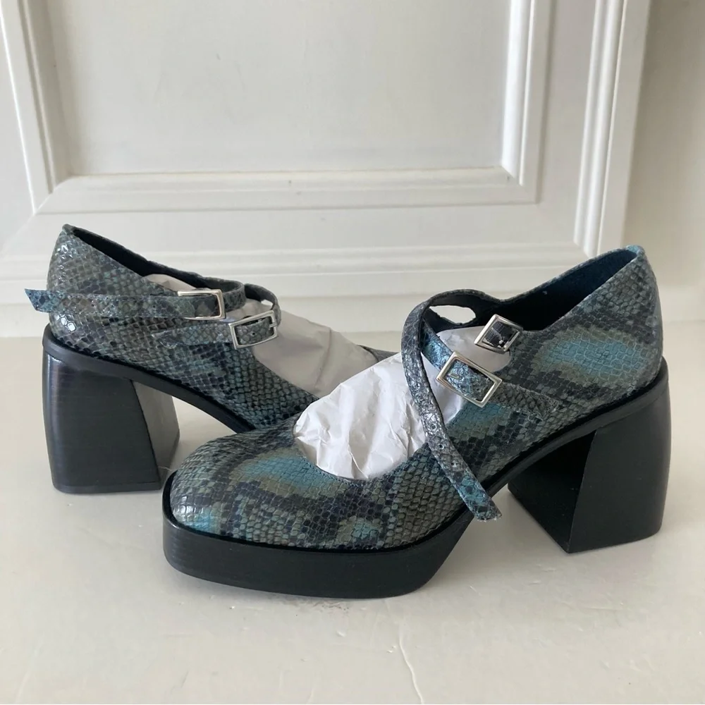 NWOT Free People Ruby Double Strap MJ Platforms Blue Snake Print Sz 38